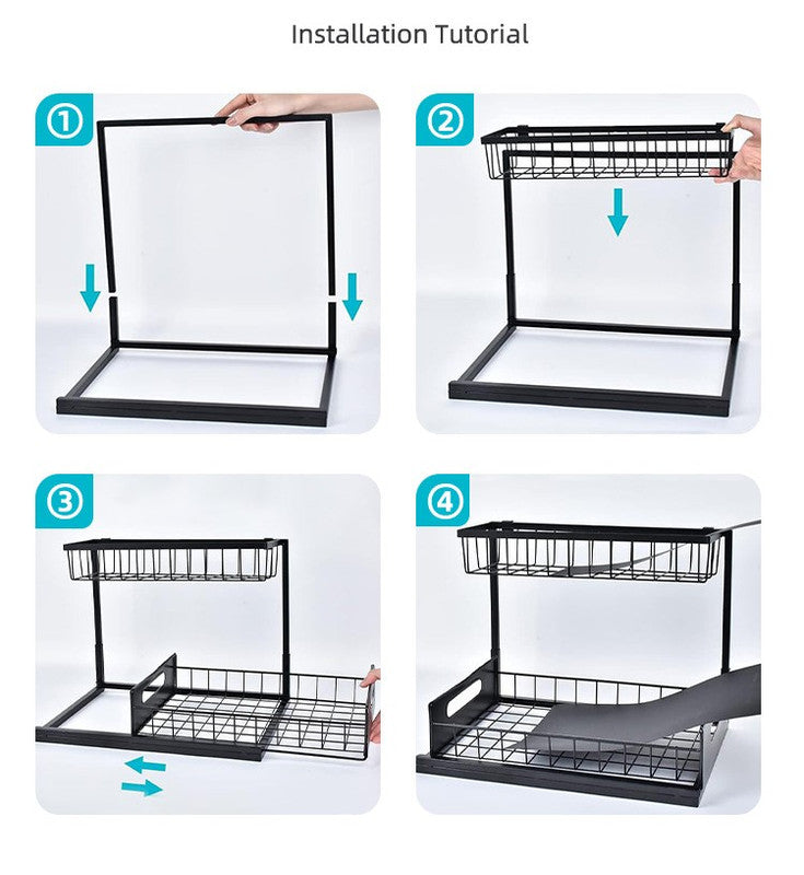 2-Tier Under Sink Organizer and Storage - Heavy Duty Metal Pull-Out Cabinet Organizer, L-Shaped Sliding Drawer Rack for Kitchen, Bathroom, and Pantry - White