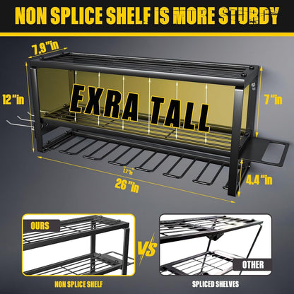 Heavy Duty Power Tool Organizer Wall Mount - 3-Tier Garage Storage Rack with Drill Holder, Screwdriver and Hammer Organizer - Extra Tall 200lbs Capacity High-Quality Steel Utility Shelf