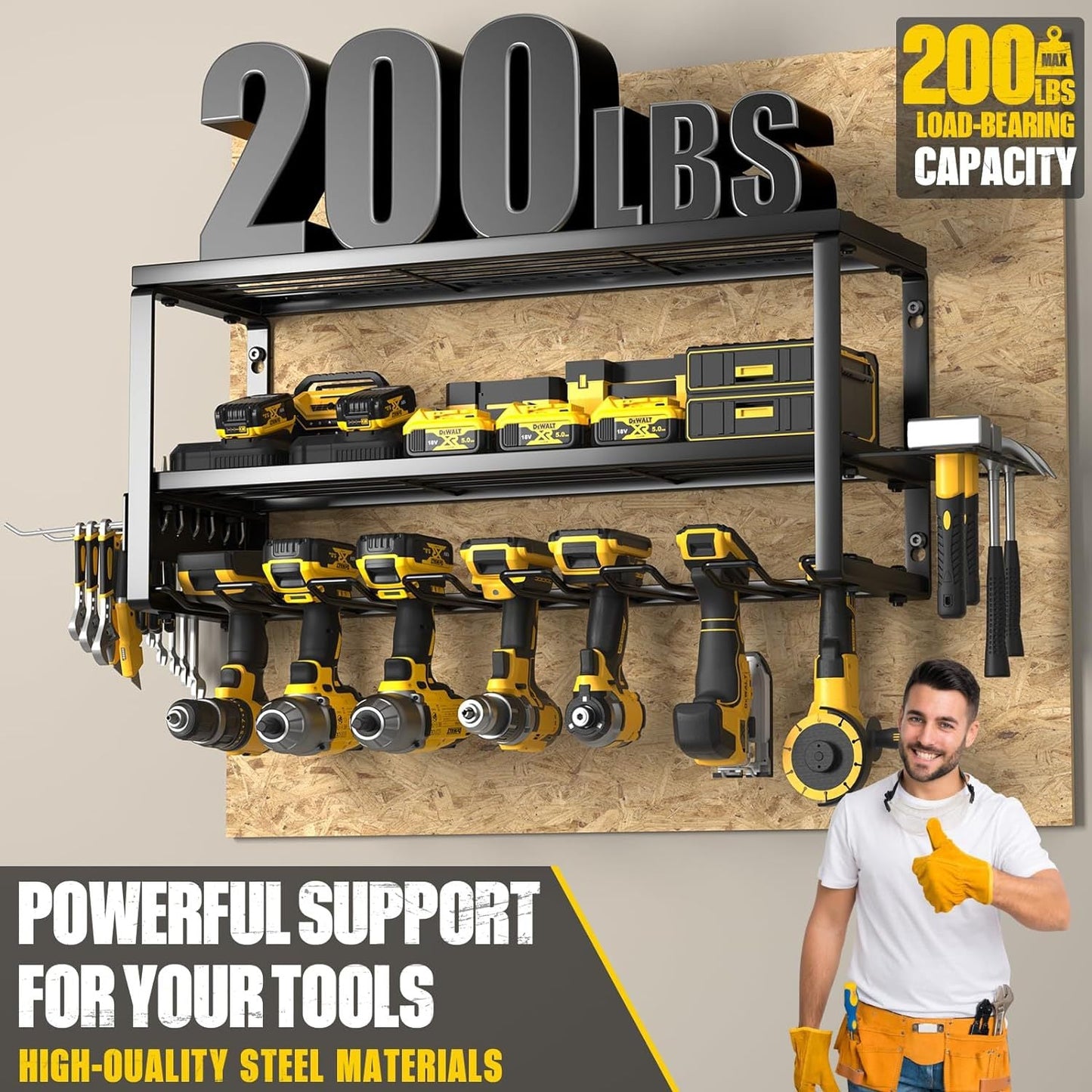 Heavy Duty Power Tool Organizer Wall Mount - 3-Tier Garage Storage Rack with Drill Holder, Screwdriver and Hammer Organizer - Extra Tall 200lbs Capacity High-Quality Steel Utility Shelf