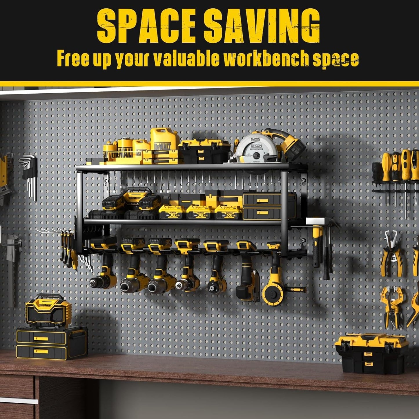 Heavy Duty Power Tool Organizer Wall Mount - 3-Tier Garage Storage Rack with Drill Holder, Screwdriver and Hammer Organizer - Extra Tall 200lbs Capacity High-Quality Steel Utility Shelf