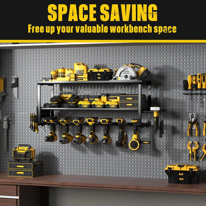 Heavy Duty Power Tool Organizer Wall Mount - 3-Tier Garage Storage Rack with Drill Holder, Screwdriver and Hammer Organizer - Extra Tall 200lbs Capacity High-Quality Steel Utility Shelf