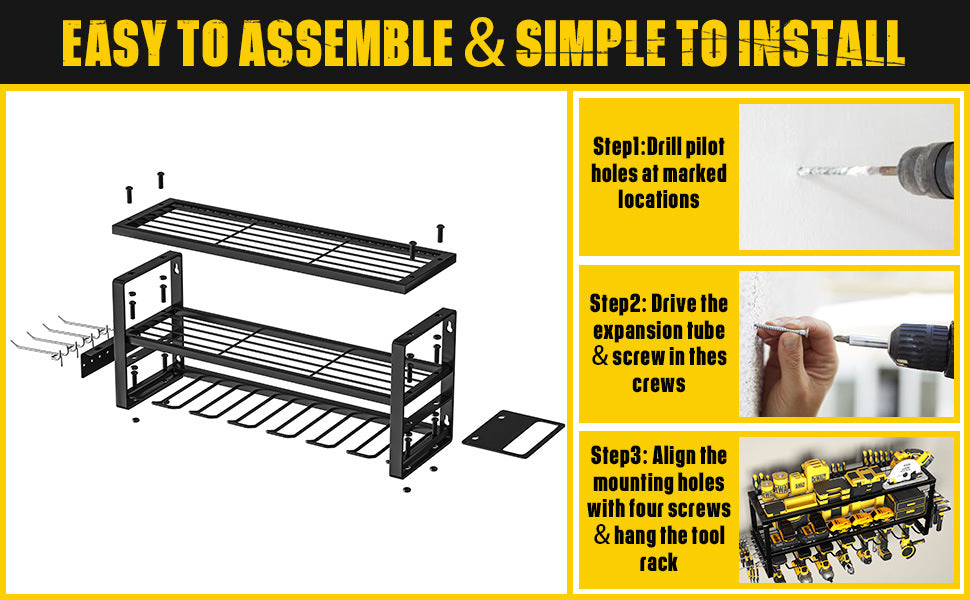 Heavy Duty Power Tool Organizer Wall Mount - 3-Tier Garage Storage Rack with Drill Holder, Screwdriver and Hammer Organizer - Extra Tall 200lbs Capacity High-Quality Steel Utility Shelf