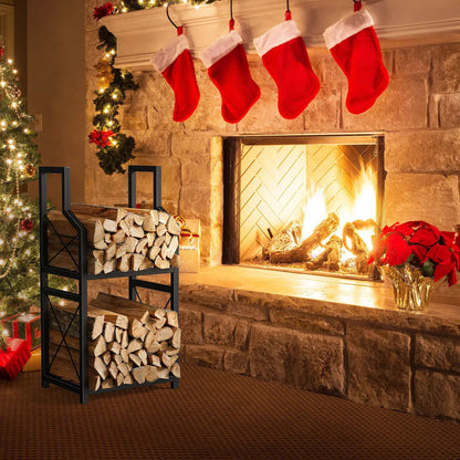 Heavy Duty 2-Tier Firewood Rack - Vertical Log Holder for Indoor Fireplace and Outdoor Fire Pit - Modern Metal Wood Storage Organizer for Camping, Patio, and Living Room