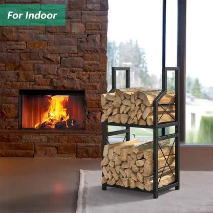 Heavy Duty 2-Tier Firewood Rack - Vertical Log Holder for Indoor Fireplace and Outdoor Fire Pit - Modern Metal Wood Storage Organizer for Camping, Patio, and Living Room