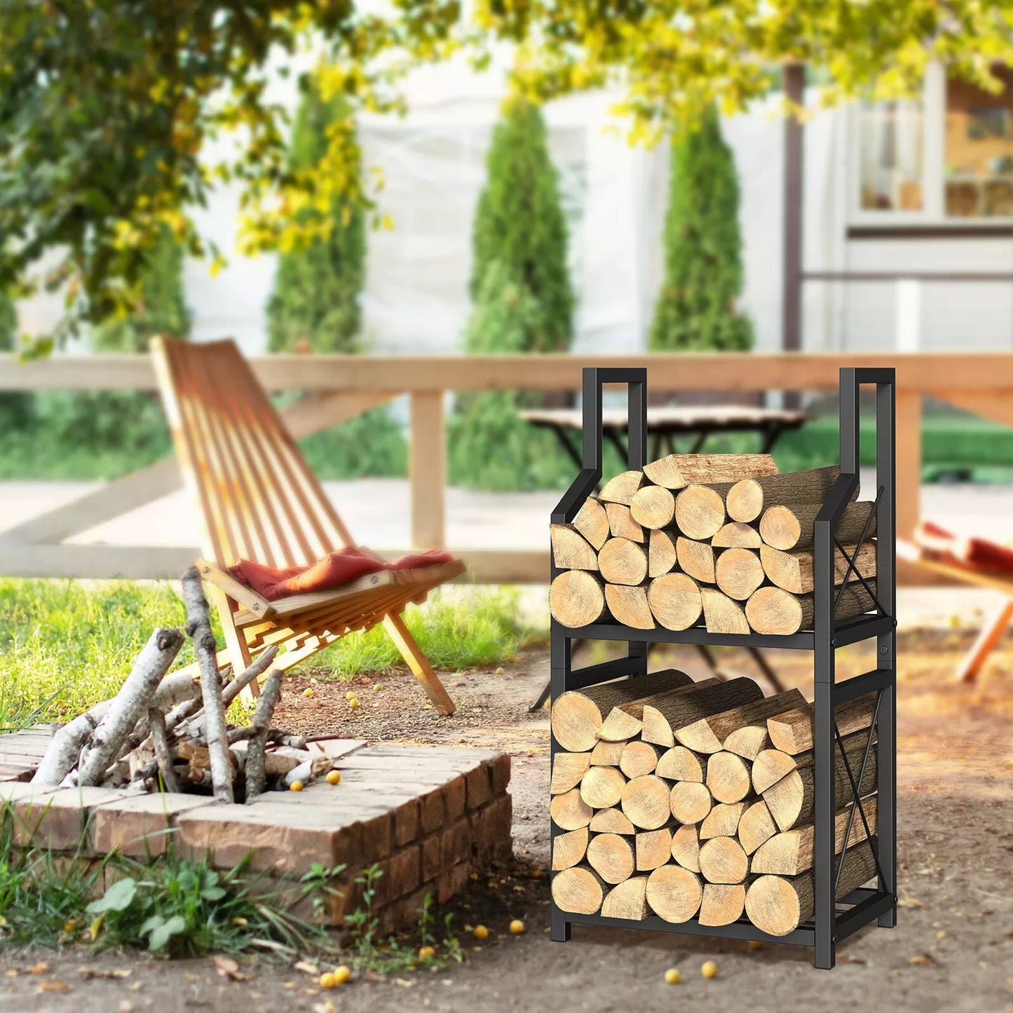 Heavy Duty 2-Tier Firewood Rack - Vertical Log Holder for Indoor Fireplace and Outdoor Fire Pit - Modern Metal Wood Storage Organizer for Camping, Patio, and Living Room