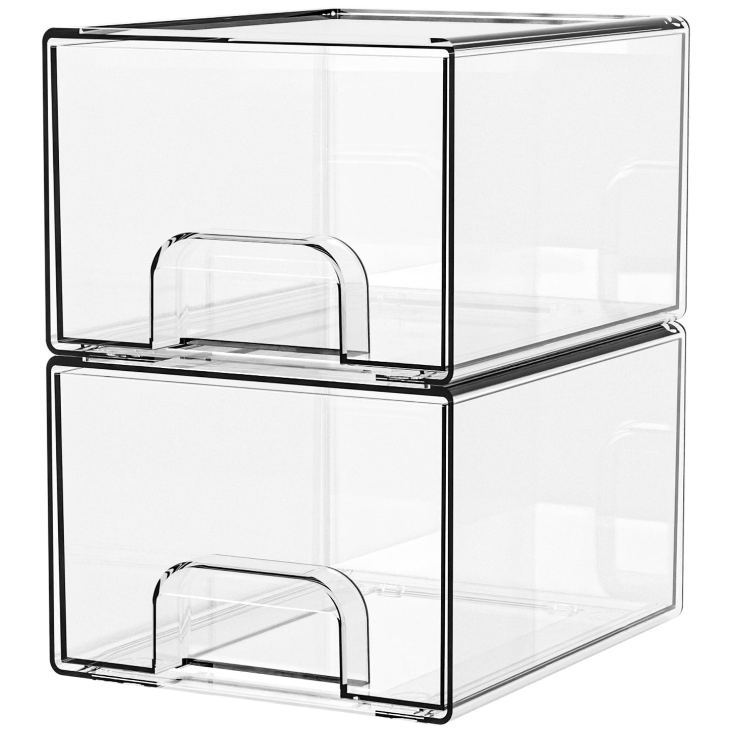 2-Pack Stackable PET Clear Makeup Organizer Drawers - Multi-Purpose Desktop Storage Case for Cosmetics, Skincare, and Office Supplies - Dustproof Vanity Organizer with Pull-Out Handles and Anti-Slip Base