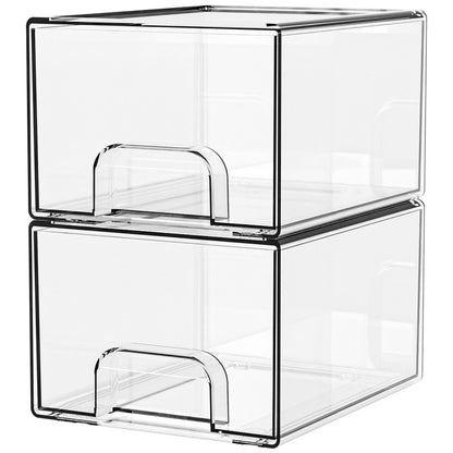 2-Pack Stackable PET Clear Makeup Organizer Drawers - Multi-Purpose Desktop Storage Case for Cosmetics, Skincare, and Office Supplies - Dustproof Vanity Organizer with Pull-Out Handles and Anti-Slip Base