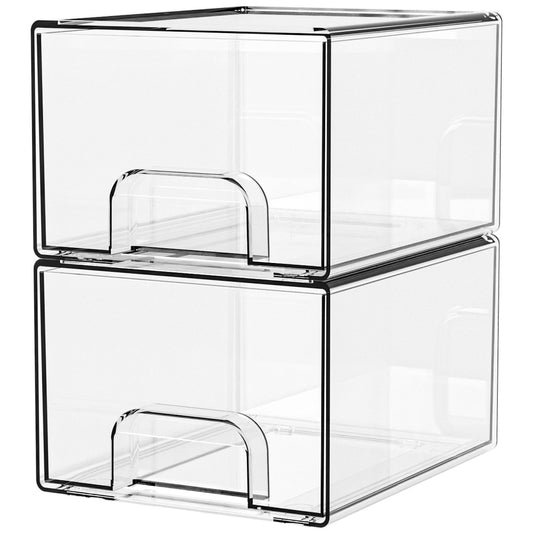 2-Pack Stackable PET Clear Makeup Organizer Drawers - Multi-Purpose Desktop Storage Case for Cosmetics, Skincare, and Office Supplies - Dustproof Vanity Organizer with Pull-Out Handles and Anti-Slip Base