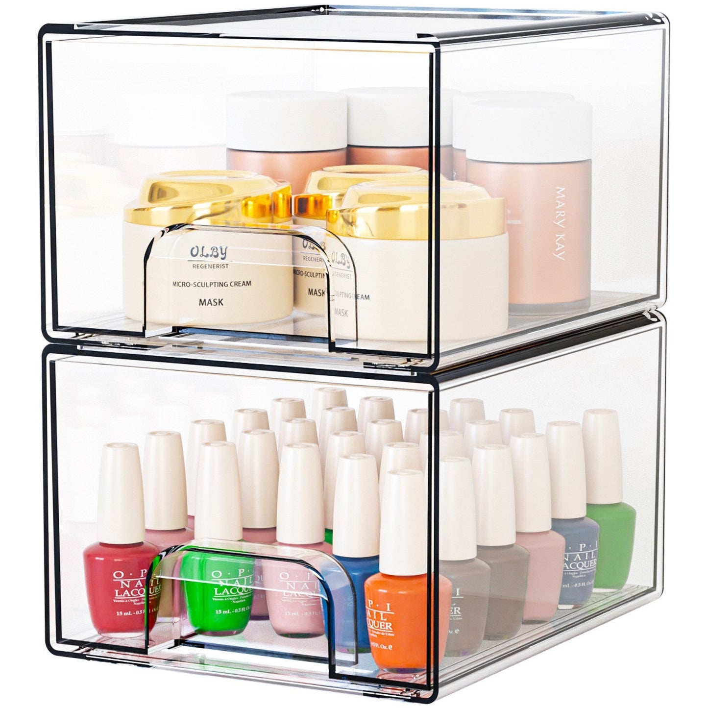2-Pack Stackable PET Clear Makeup Organizer Drawers - Multi-Purpose Desktop Storage Case for Cosmetics, Skincare, and Office Supplies - Dustproof Vanity Organizer with Pull-Out Handles and Anti-Slip Base