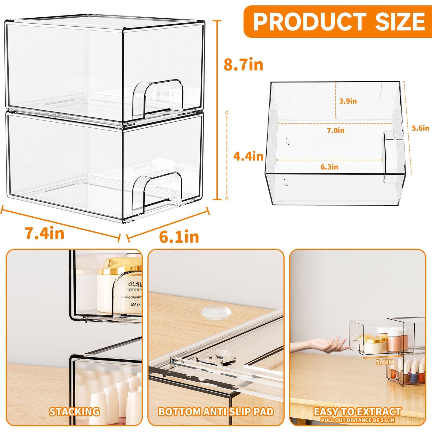 2-Pack Stackable PET Clear Makeup Organizer Drawers - Multi-Purpose Desktop Storage Case for Cosmetics, Skincare, and Office Supplies - Dustproof Vanity Organizer with Pull-Out Handles and Anti-Slip Base