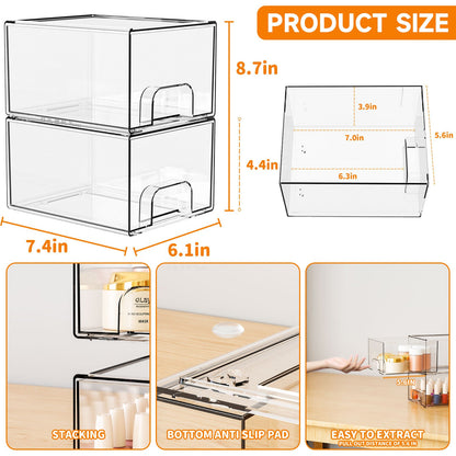 2-Pack Stackable PET Clear Makeup Organizer Drawers - Multi-Purpose Desktop Storage Case for Cosmetics, Skincare, and Office Supplies - Dustproof Vanity Organizer with Pull-Out Handles and Anti-Slip Base