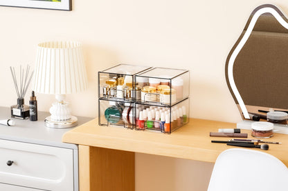 2-Pack Stackable PET Clear Makeup Organizer Drawers - Multi-Purpose Desktop Storage Case for Cosmetics, Skincare, and Office Supplies - Dustproof Vanity Organizer with Pull-Out Handles and Anti-Slip Base