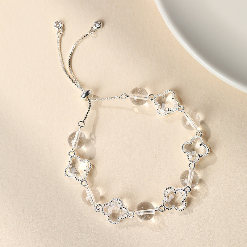 Natural Clear White Crystal Four-Leaf Clover Bracelet - Elegant Adjustable Silver-Tone Bolo Jewelry for Women - Versatile Quartz Bead Charm Bracelet, Perfect Mother's Day Gift