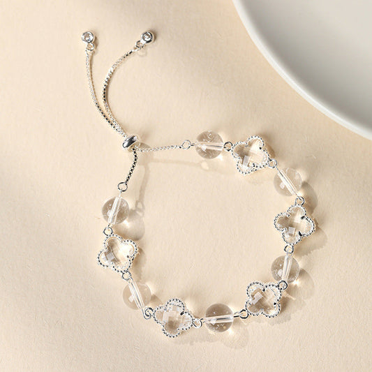 Natural Clear White Crystal Four-Leaf Clover Bracelet - Elegant Adjustable Silver-Tone Bolo Jewelry for Women - Versatile Quartz Bead Charm Bracelet, Perfect Mother's Day Gift