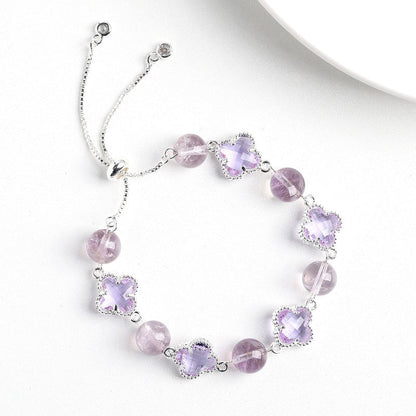 Natural Purple Crystal Four-Leaf Clover Bracelet - Elegant Adjustable Silver-Tone Bolo Jewelry for Women - Versatile Quartz Bead Charm Bracelet, Perfect Mother's Day Gift
