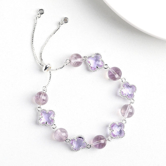Natural Purple Crystal Four-Leaf Clover Bracelet - Elegant Adjustable Silver-Tone Bolo Jewelry for Women - Versatile Quartz Bead Charm Bracelet, Perfect Mother's Day Gift