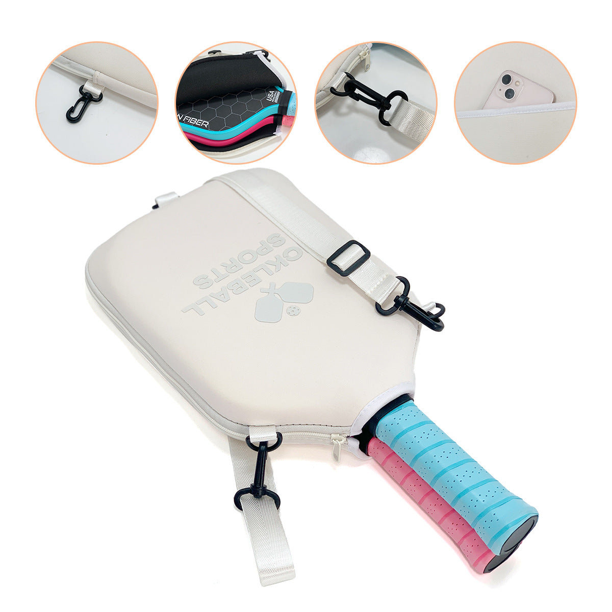 SA04 Beige Neoprene Pickleball Paddle Cover (racket not included)  - Protective Crossbody Bag with Adjustable Shoulder Strap and Fence Hook - Universal Lightweight Paddle Case for All Skill Levels