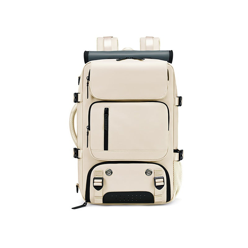 Beige Large Capacity 16-Inch Laptop Travel Backpack - Anti-Theft Professional Business Bag with Spring Buckle - Durable Oxford Cloth Outdoor Rucksack for Men and Women