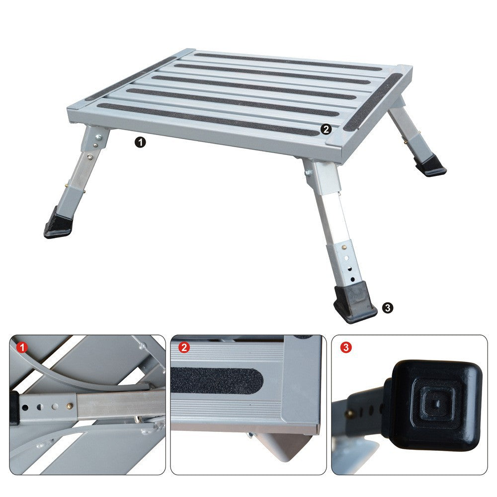 Heavy Duty Aluminum Folding Step Stool - Portable RV Platform and Work Bench with Non-Slip Surface - Collapsible Multi-Purpose Step for Camping, Home, and Outdoor Use