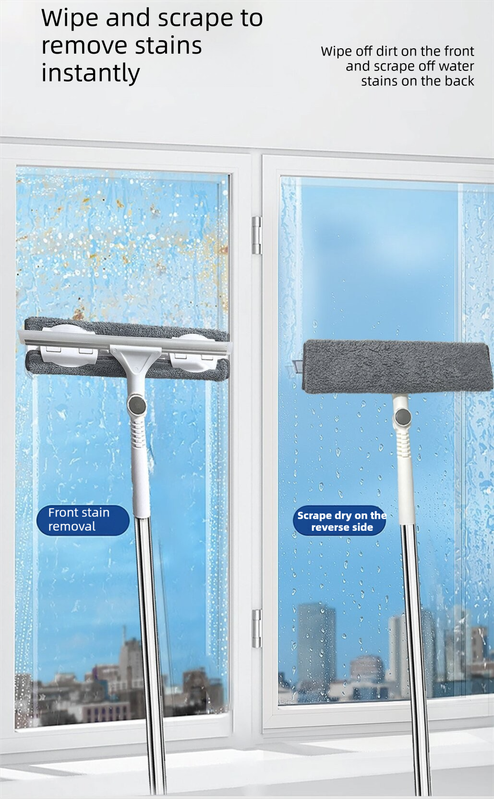 2 PCS Professional 2-in-1 Window Squeegee with 137cm Extension Pole - 360 Degree Rotatable High-Rise Window Cleaner with Microfiber Scrubber and Streak-Free Silicone Blade