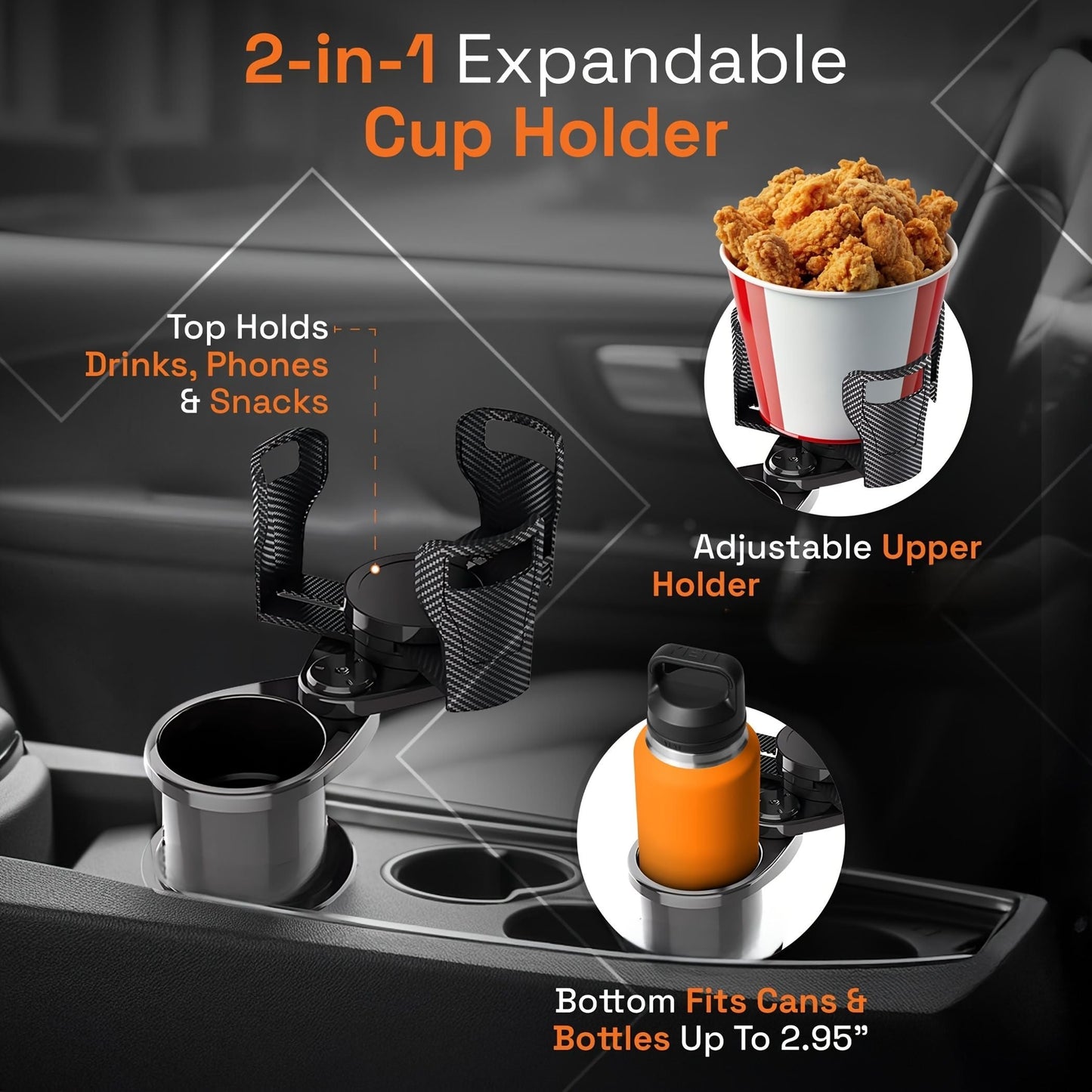 3 PCS Black 2-in-1 Universal Car Cup Holder Expander - 360 Degree Rotating Multifunctional Beverage Rack, Adjustable Upper Base Storage Organizer for Water Bottles, Coffee Mugs and Fast Food Cups