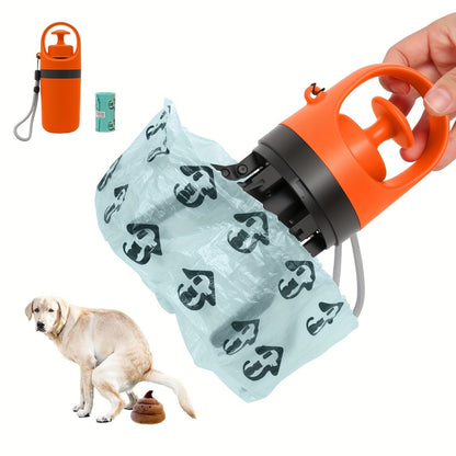 Orange Portable 6-Claw Pet Pooper Scooper - Hands-Free Dog Waste Picker with Integrated Bag Dispenser and Storage Cap - Lightweight Sanitary Waste Removal Tool for Outdoor Walking and Travel