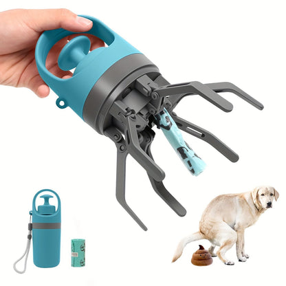 Blue Portable 6-Claw Pet Pooper Scooper - Hands-Free Dog Waste Picker with Integrated Bag Dispenser and Storage Cap - Lightweight Sanitary Waste Removal Tool for Outdoor Walking and Travel