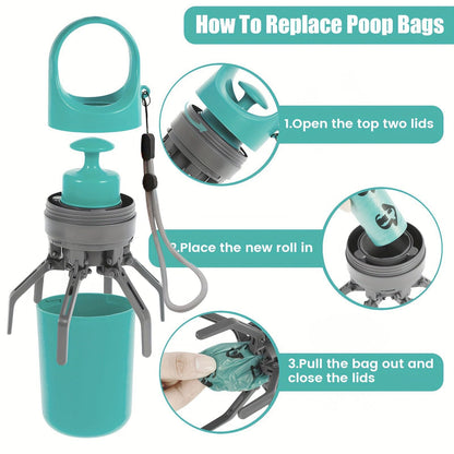 Blue Portable 6-Claw Pet Pooper Scooper - Hands-Free Dog Waste Picker with Integrated Bag Dispenser and Storage Cap - Lightweight Sanitary Waste Removal Tool for Outdoor Walking and Travel
