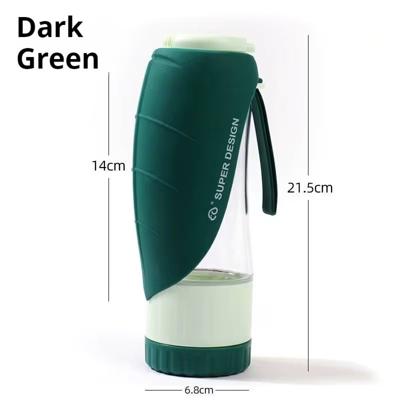 Green 2-in-1 Portable Dog Water Bottle and Food Container - Leaf-Shaped Silicone Travel Bowl for Pets, Leak-Proof Outdoor Dispenser for Walking, Hiking and Traveling, 330ml Capacity