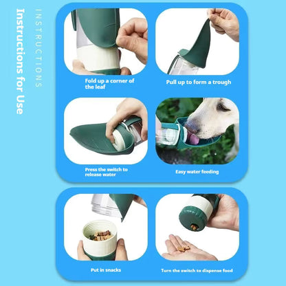 Green 2-in-1 Portable Dog Water Bottle and Food Container - Leaf-Shaped Silicone Travel Bowl for Pets, Leak-Proof Outdoor Dispenser for Walking, Hiking and Traveling, 330ml Capacity