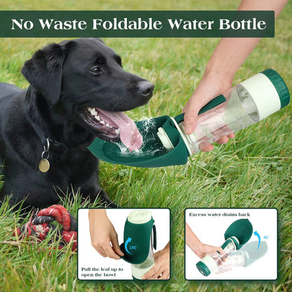 Green 2-in-1 Portable Dog Water Bottle and Food Container - Leaf-Shaped Silicone Travel Bowl for Pets, Leak-Proof Outdoor Dispenser for Walking, Hiking and Traveling, 330ml Capacity