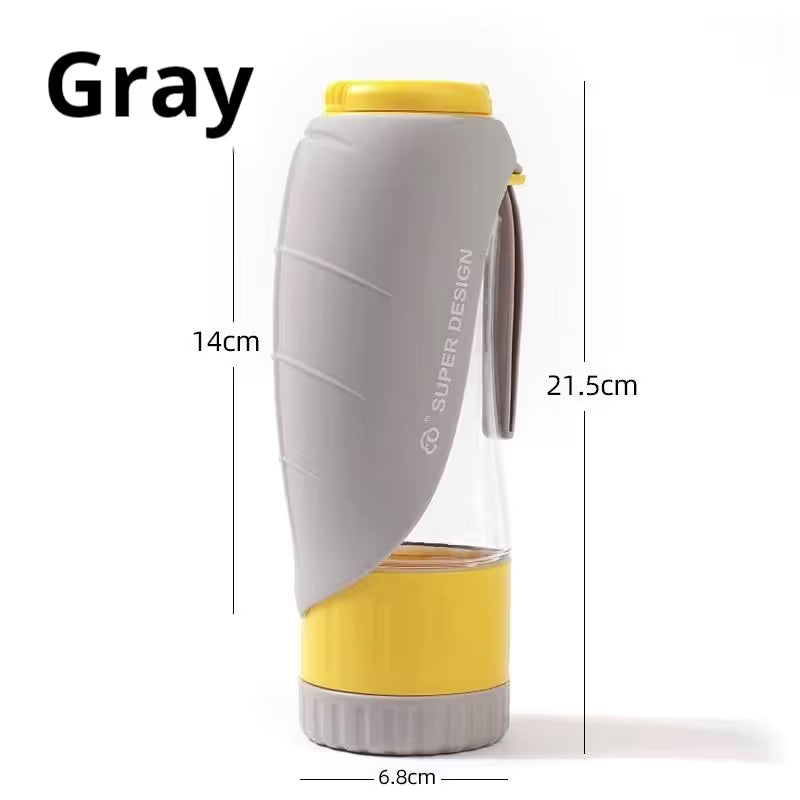 Gray 2-in-1 Portable Dog Water Bottle and Food Container - Leaf-Shaped Silicone Travel Bowl for Pets, Leak-Proof Outdoor Dispenser for Walking, Hiking and Traveling, 330ml Capacity
