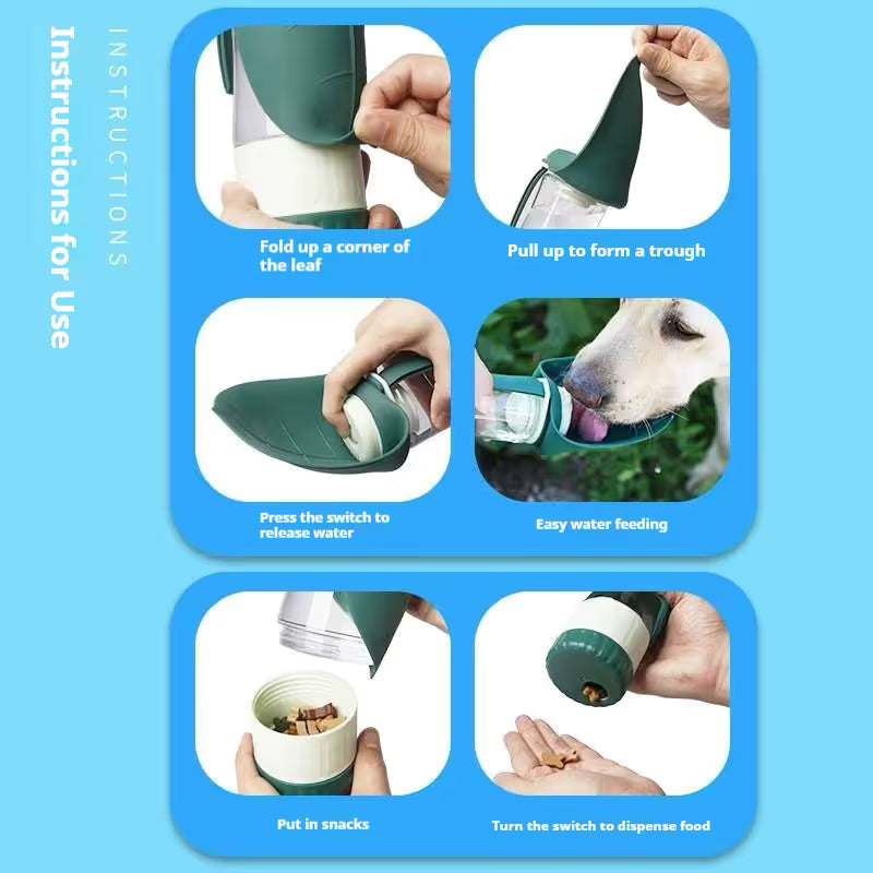 Dark Blue 2-in-1 Portable Dog Water Bottle and Food Container - Leaf-Shaped Silicone Travel Bowl for Pets, Leak-Proof Outdoor Dispenser for Walking, Hiking and Traveling, 330ml Capacity