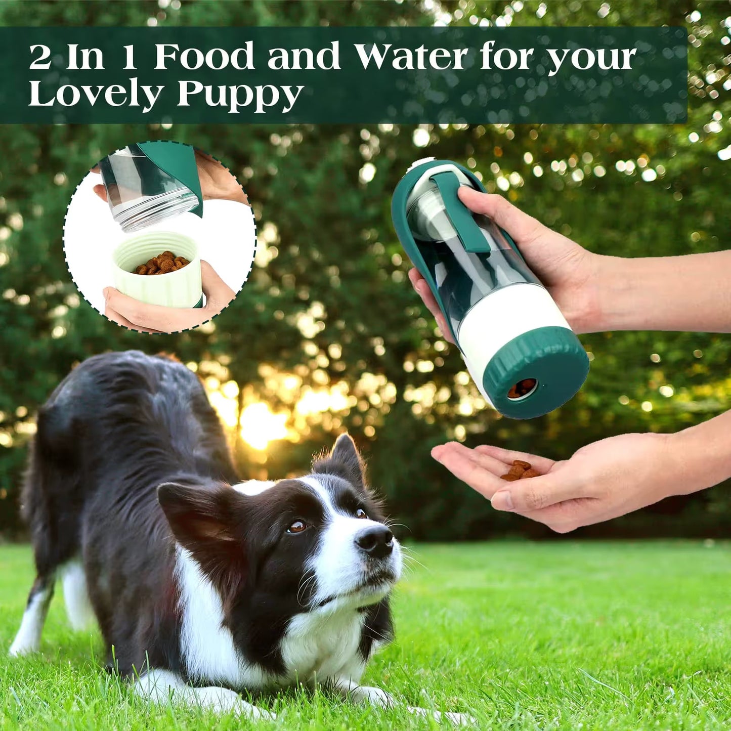 Dark Blue 2-in-1 Portable Dog Water Bottle and Food Container - Leaf-Shaped Silicone Travel Bowl for Pets, Leak-Proof Outdoor Dispenser for Walking, Hiking and Traveling, 330ml Capacity