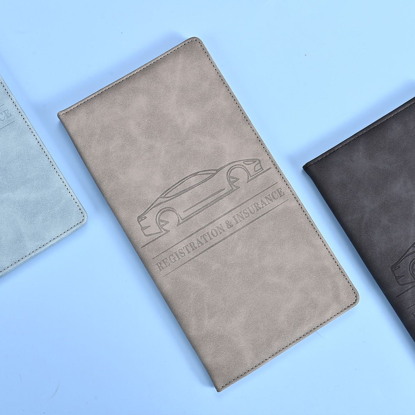 3 Pcs Premium PU Leather Car Registration and Insurance Holder - Slim Auto Document Organizer, Driver's License Wallet and Travel Passport Folder - Gray