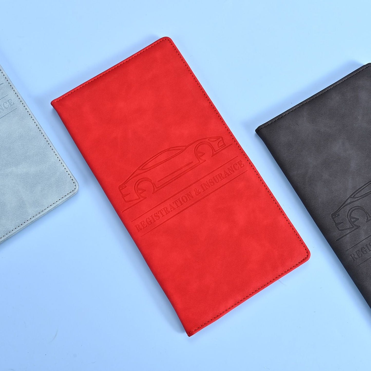 3 Pcs Premium PU Leather Car Registration and Insurance Holder - Slim Auto Document Organizer, Driver's License Wallet and Travel Passport Folder - Red