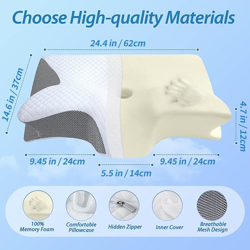 Cervical Memory Foam Pillow - Butterfly Contour Ergonomic Neck Support - 100% Slow Rebound Orthopedic Design for Side and Back Sleepers - Breathable Mesh with Washable Cover