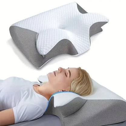 Cervical Memory Foam Pillow - Butterfly Contour Ergonomic Neck Support - 100% Slow Rebound Orthopedic Design for Side and Back Sleepers - Breathable Mesh with Washable Cover