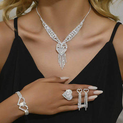 Mother's Day Jewelry Gift Set - Heart Shaped Rhinestone Necklace Earrings Bracelet and Ring - Thoughtful Present for Mum, Special Occasion Formal Wear Accessories, Elegant Gift for Her