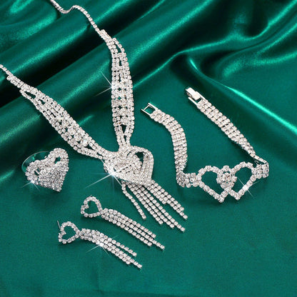 Mother's Day Jewelry Gift Set - Heart Shaped Rhinestone Necklace Earrings Bracelet and Ring - Thoughtful Present for Mum, Special Occasion Formal Wear Accessories, Elegant Gift for Her