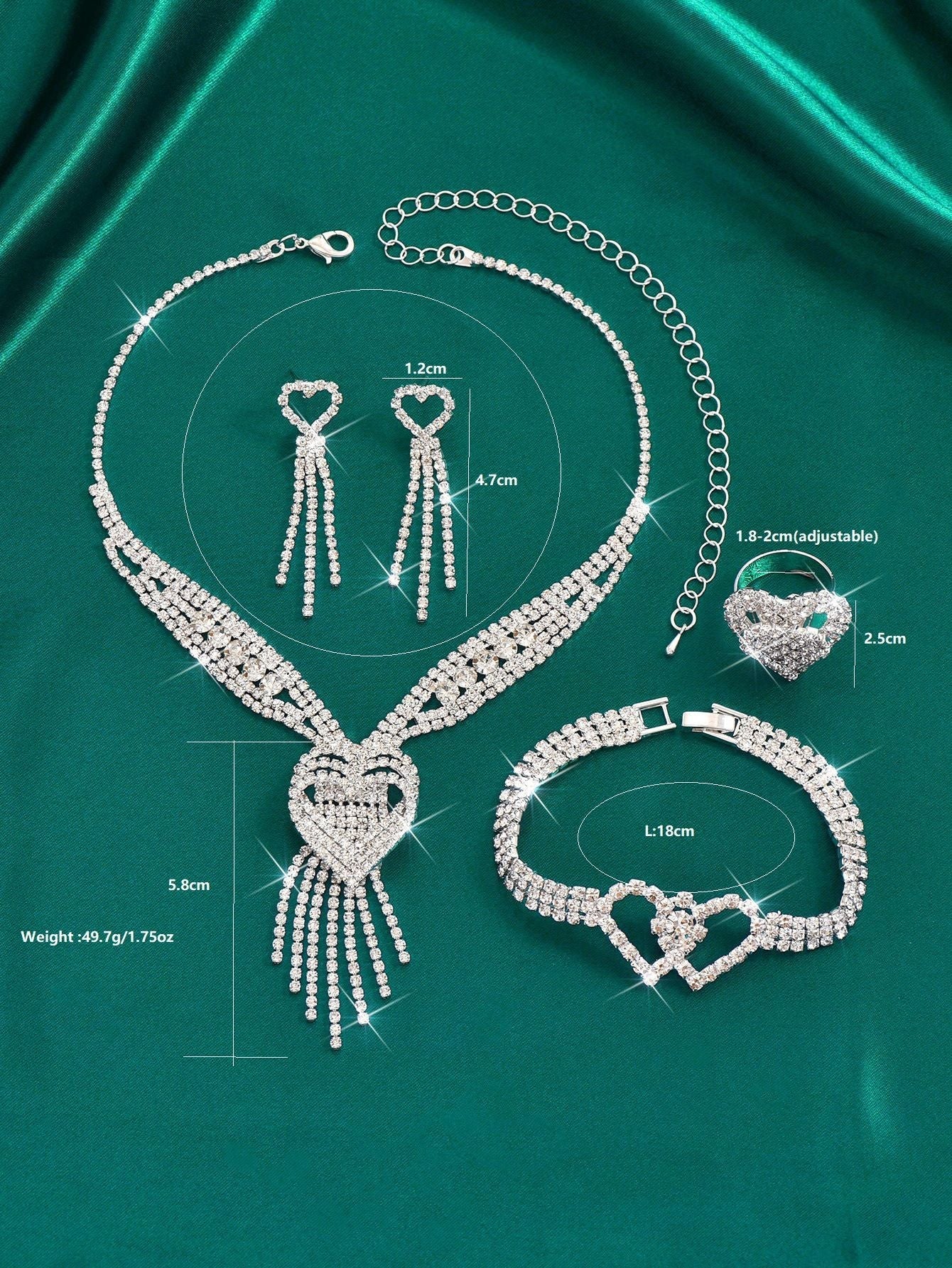 Mother's Day Jewelry Gift Set - Heart Shaped Rhinestone Necklace Earrings Bracelet and Ring - Thoughtful Present for Mum, Special Occasion Formal Wear Accessories, Elegant Gift for Her