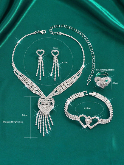 Mother's Day Jewelry Gift Set - Heart Shaped Rhinestone Necklace Earrings Bracelet and Ring - Thoughtful Present for Mum, Special Occasion Formal Wear Accessories, Elegant Gift for Her