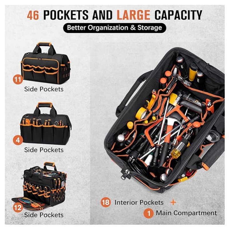 17 Inch Heavy Duty Tool Bag - 43cm Wide Open Mouth Organiser - Thickened Wear Resistant Oxford Cloth with Adjustable Padded Strap, Multi-Pocket Storage for Electricians Plumbers and Professional Trades