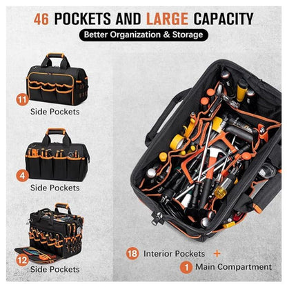 17 Inch Heavy Duty Tool Bag - 43cm Wide Open Mouth Organiser - Thickened Wear Resistant Oxford Cloth with Adjustable Padded Strap, Multi-Pocket Storage for Electricians Plumbers and Professional Trades