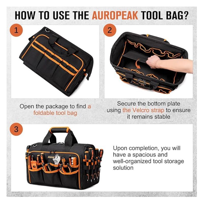 17 Inch Heavy Duty Tool Bag - 43cm Wide Open Mouth Organiser - Thickened Wear Resistant Oxford Cloth with Adjustable Padded Strap, Multi-Pocket Storage for Electricians Plumbers and Professional Trades