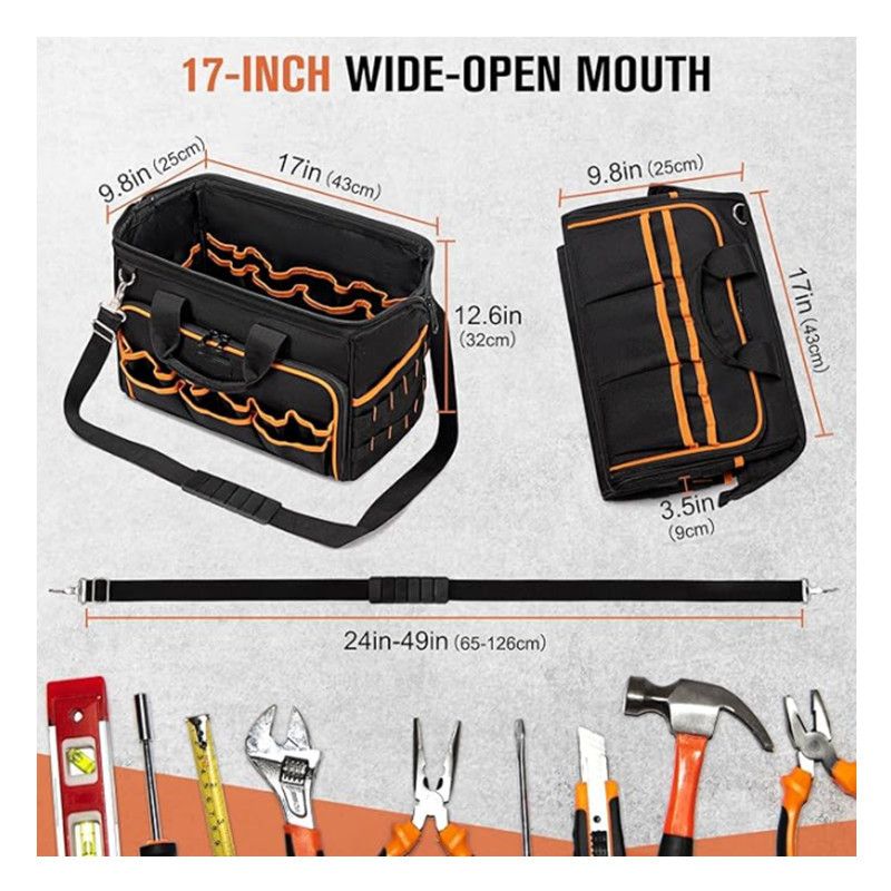 17 Inch Heavy Duty Tool Bag - 43cm Wide Open Mouth Organiser - Thickened Wear Resistant Oxford Cloth with Adjustable Padded Strap, Multi-Pocket Storage for Electricians Plumbers and Professional Trades