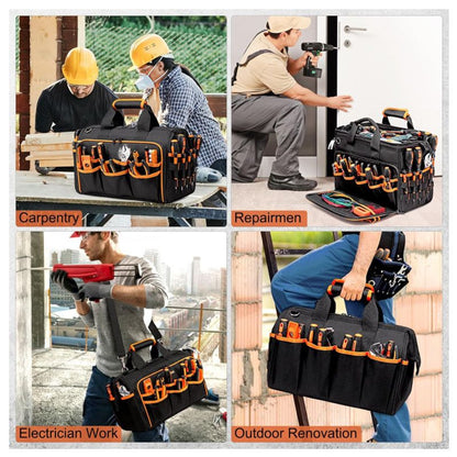 17 Inch Heavy Duty Tool Bag - 43cm Wide Open Mouth Organiser - Thickened Wear Resistant Oxford Cloth with Adjustable Padded Strap, Multi-Pocket Storage for Electricians Plumbers and Professional Trades