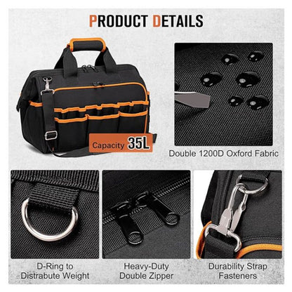 17 Inch Heavy Duty Tool Bag - 43cm Wide Open Mouth Organiser - Thickened Wear Resistant Oxford Cloth with Adjustable Padded Strap, Multi-Pocket Storage for Electricians Plumbers and Professional Trades