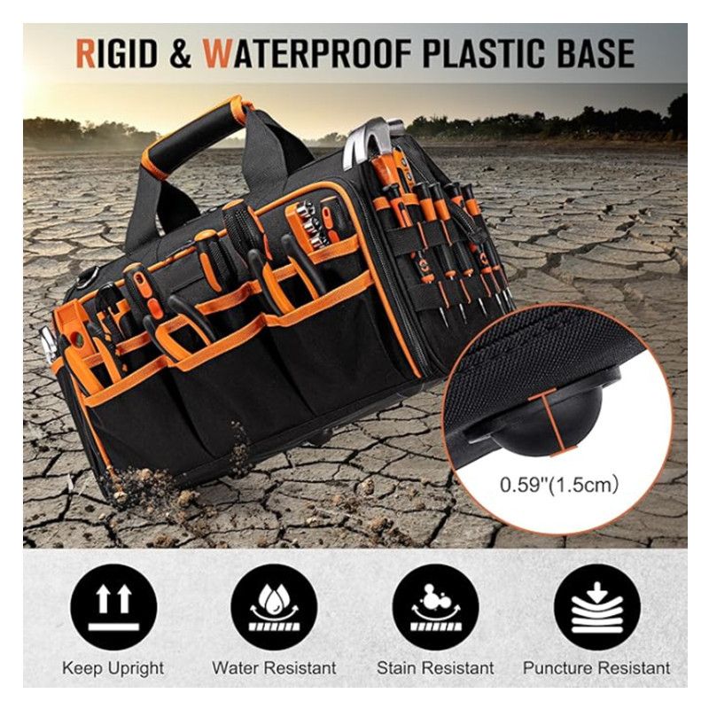17 Inch Heavy Duty Tool Bag - 43cm Wide Open Mouth Organiser - Thickened Wear Resistant Oxford Cloth with Adjustable Padded Strap, Multi-Pocket Storage for Electricians Plumbers and Professional Trades