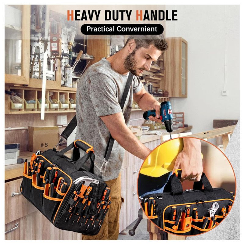 17 Inch Heavy Duty Tool Bag - 43cm Wide Open Mouth Organiser - Thickened Wear Resistant Oxford Cloth with Adjustable Padded Strap, Multi-Pocket Storage for Electricians Plumbers and Professional Trades
